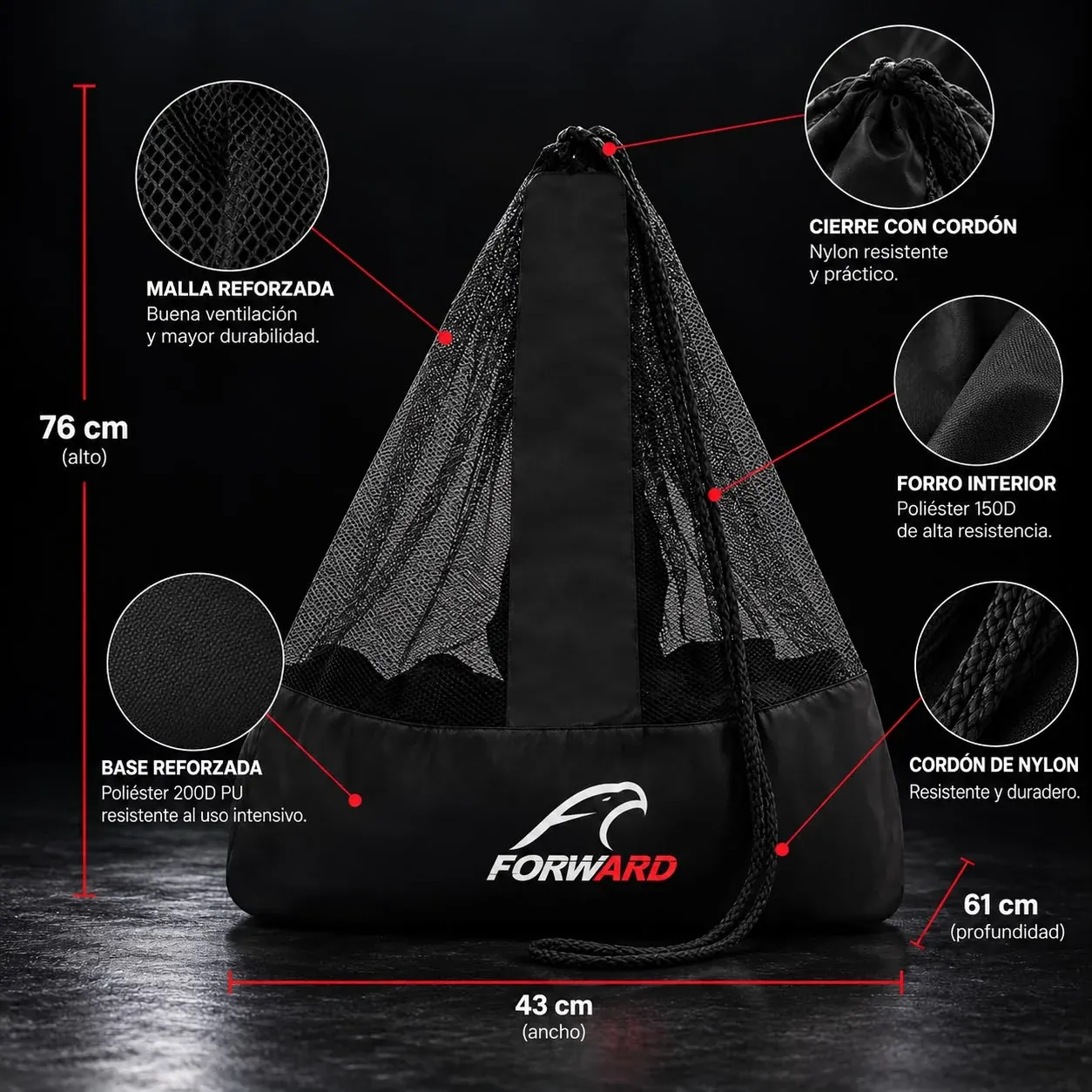 Bolsa Forward con detalles de materiales y medidas